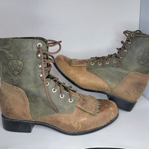 Vintage Ariat Womens 7M Ankle Boots Two Tone Olive Green and Brown Lacer style